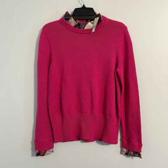 crown & ivy Sweaters - Crown & Ivy Women's Pink Sweater Plaid Collar & Cuffs‎ Layered Look Size L